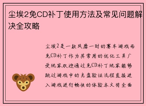 尘埃2免CD补丁使用方法及常见问题解决全攻略